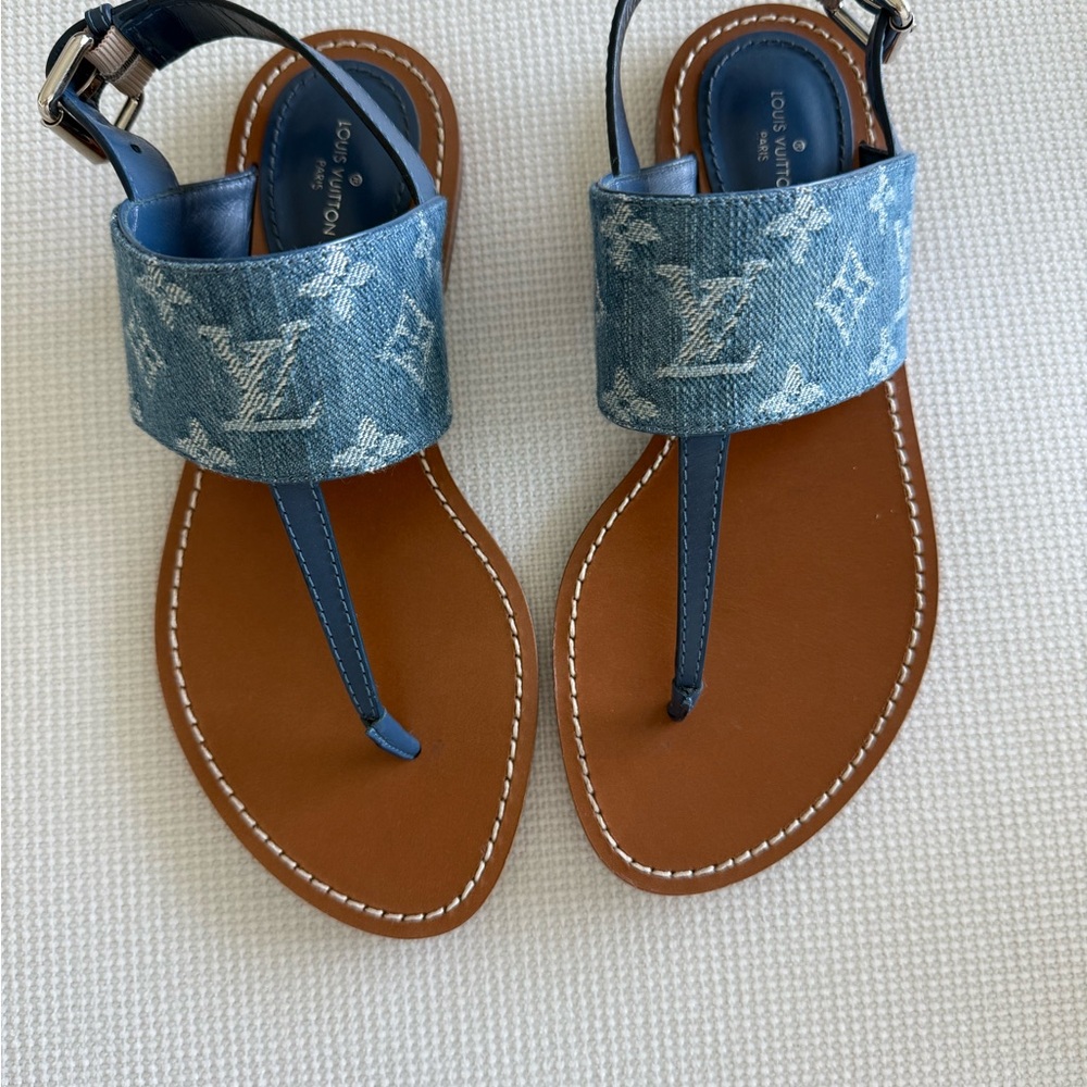 Louis Vuitton Blue and Brown Sandals with T-Strap Design